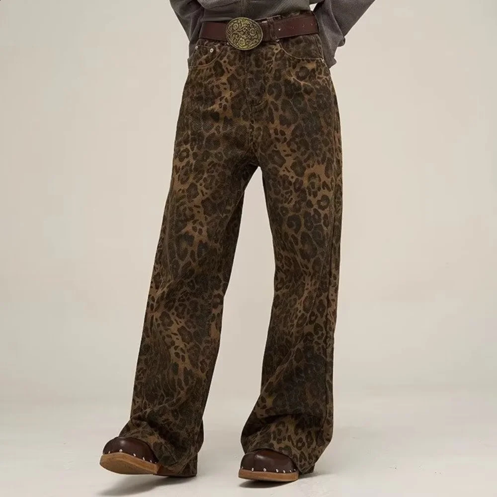 Leopard Print Womens Wide Leg Pants Unique Style Y2k Jeans 240827