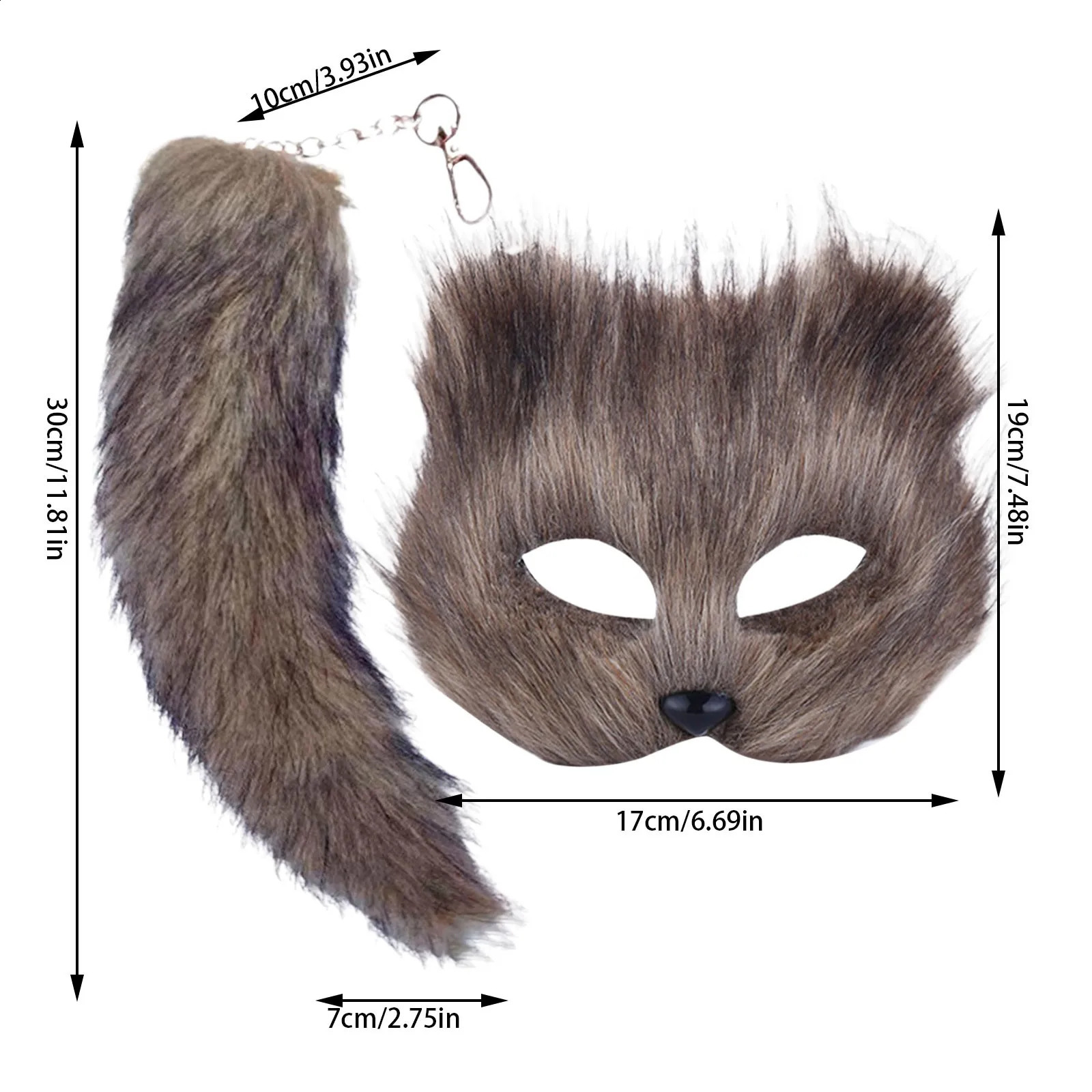 Therian Mask and Tail Set Halloween Cosplays Costume Accessorie Cats Half Face Faux Furs es 240829