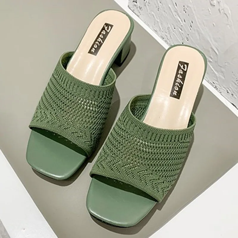 2022 summer Closed Toe Comfort Fashion Fly Weave Outdoor Sandals Women Medium Heel Slippers