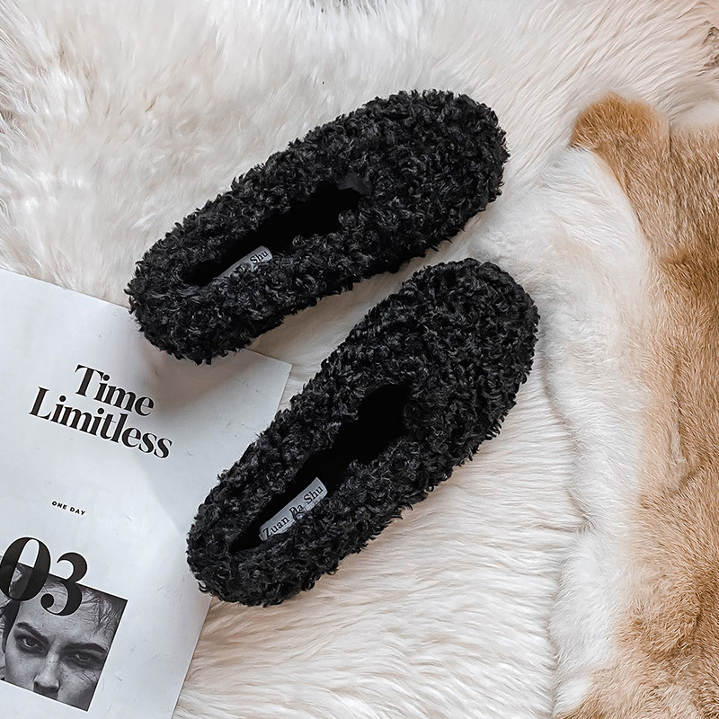 8e2ec 2023 Winter Fur Flat shoes woman round toe warr plush cotton moccasins female lambwool flats slip on furry loafers big size 42