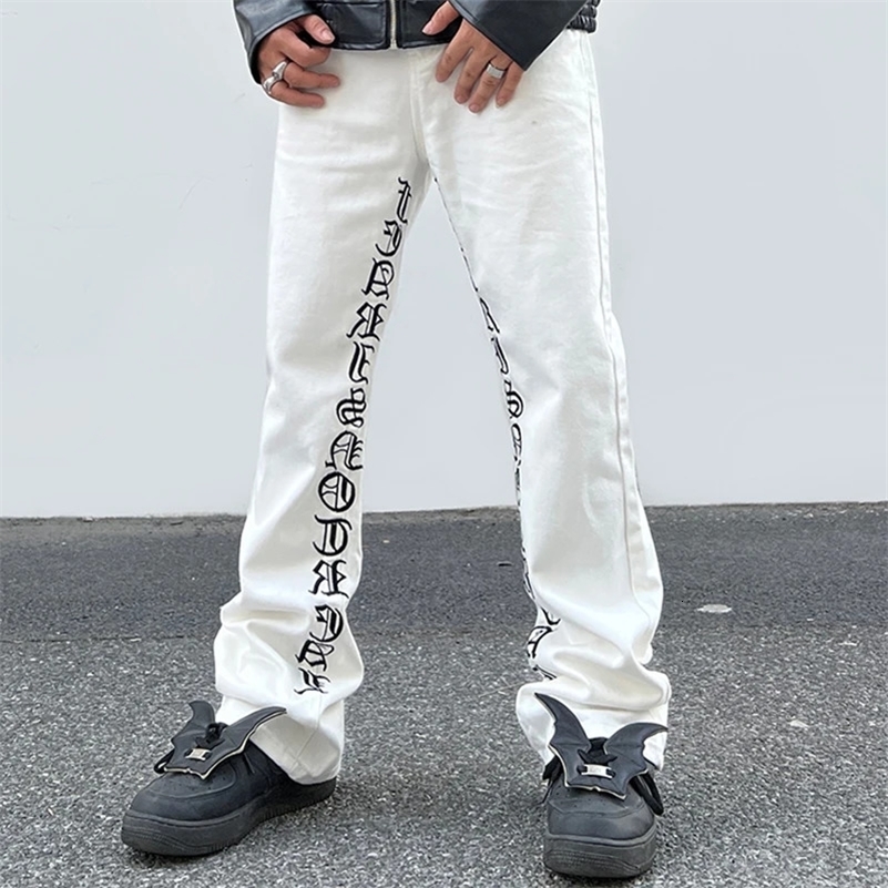 Harajuku inner letter embroidery white black mens jeans straight retro street clothing luggage oversized denim Trojan horse 240829