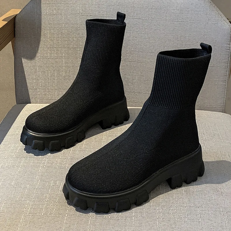 Autumn Women 2023 New Platform Breathable Knitted Elastic Wedges Soc Bottom Thick Heel Ankle Boots Woman 2f61