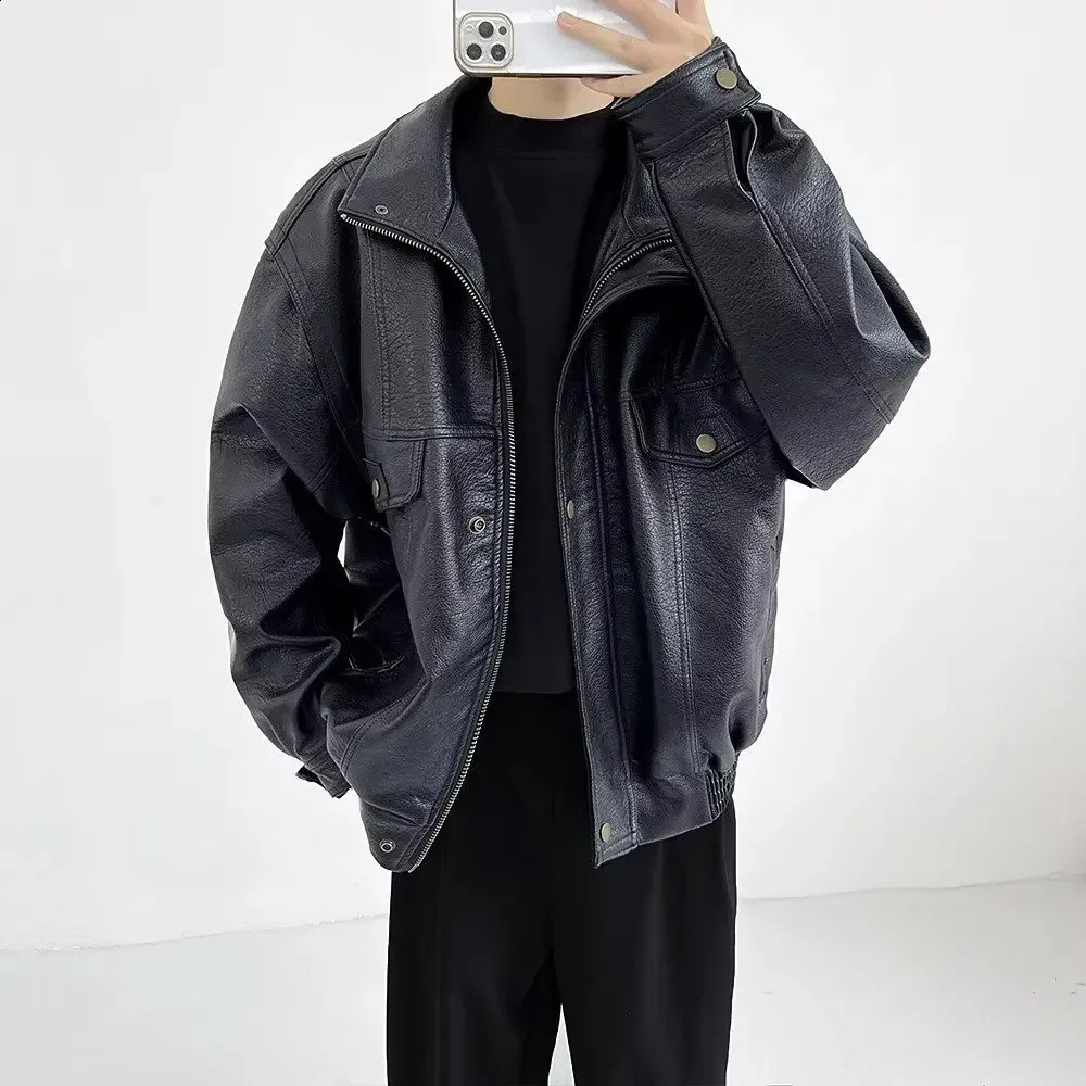 Vintage Casual Loose-fit Pu Leather Jacket For Men American Style Biker Clothing Heavy Duty Sensibility Jacket 240830