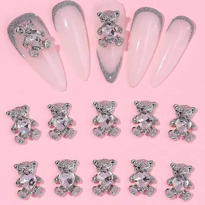 10 Cute Bear Rhinestone Nail Heart shaped Crystal 3D Nail Art Charm DIY Handmade Decoration W240829