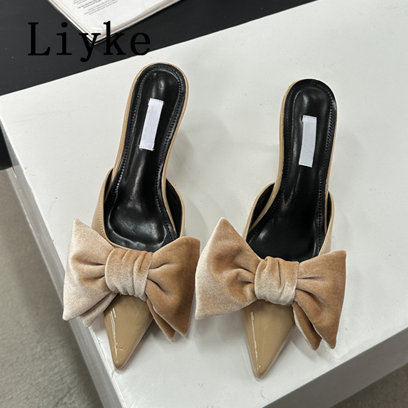 Liyke 2024 Spring New Brand Women Pumps Slipper Sexy Bowknot Pointed Toe Slip On Ladies Mules Thin Low Heels Dress Sandal Shoes