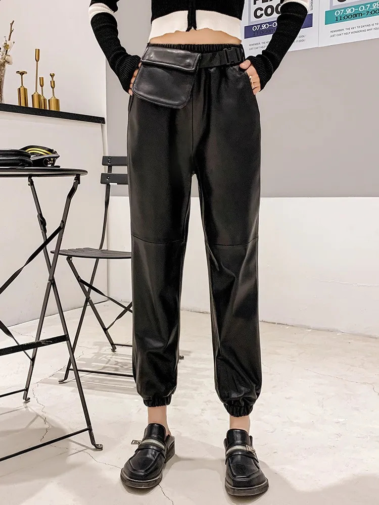 Womens genuine leather pants ner elastic high waisted fashionable commodity real street clothing punk casual sheepskin harem 240827