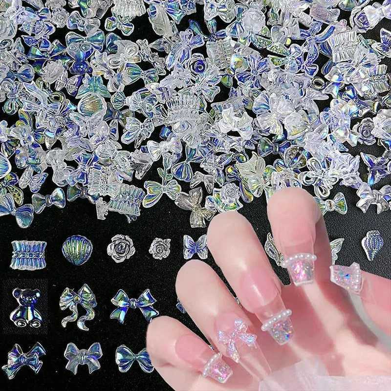100 pieces/bag mixed shape resin nail charm jewelry 3D bow flower heart-shaped pearl nail decoration accessories handmade items W240829