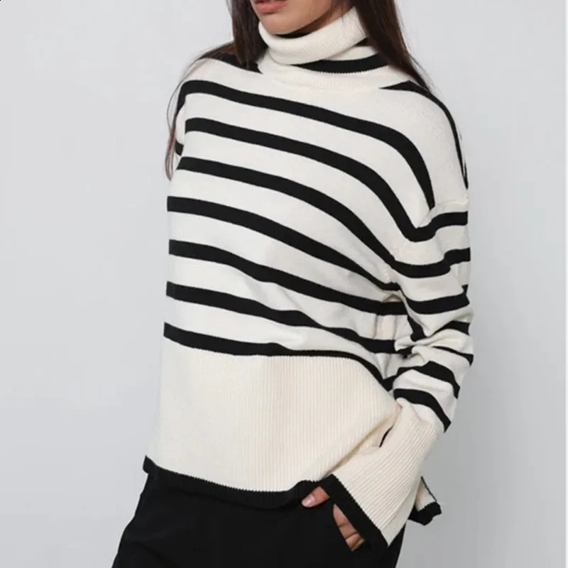 Fashionable Polo Turtle Neck Flare Sleeve Black White Stripe Knit Pullover Sweater Thickened Streetwear For Men Women 240829