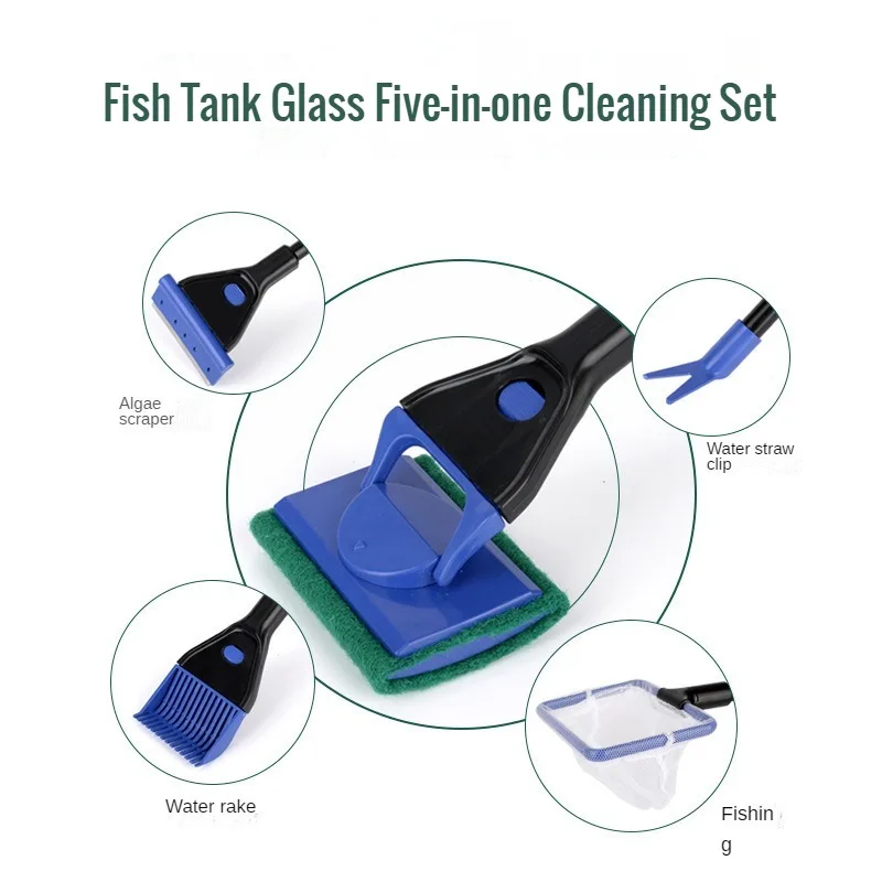 5-in-1 Aquarium Tool Fish Tank Glass Cleaning Brush Fishing Aquatic Grass Clip Algae Scraping Knife Long Handle Cleaning Tools