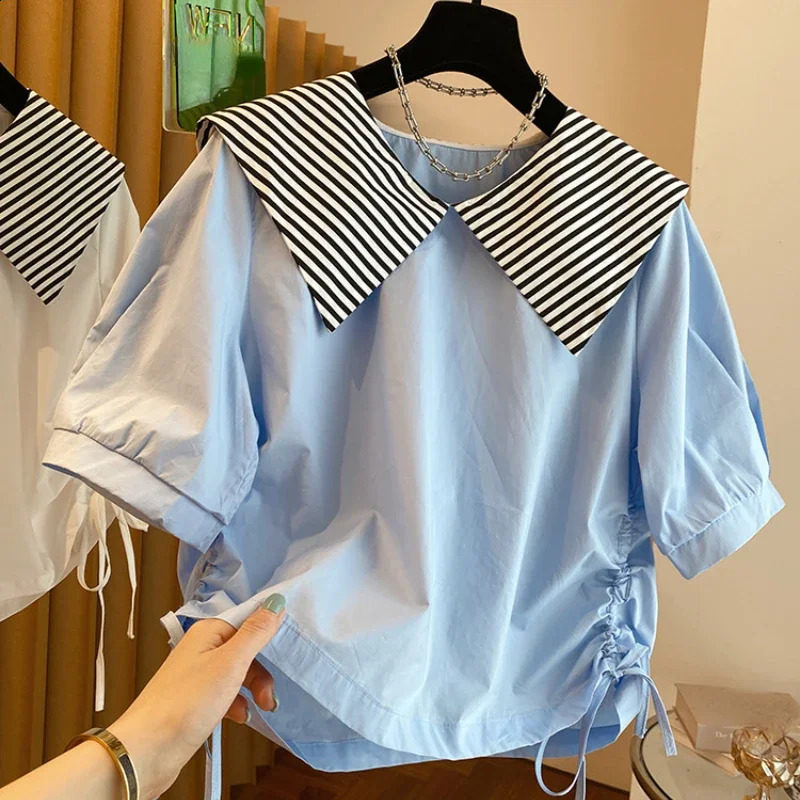 Korean Fashion Blouses Striped Contrast Color Draw String Peter Pan Collar Shirts Summer Short Sleeve Casual Loose Women Tops 240830