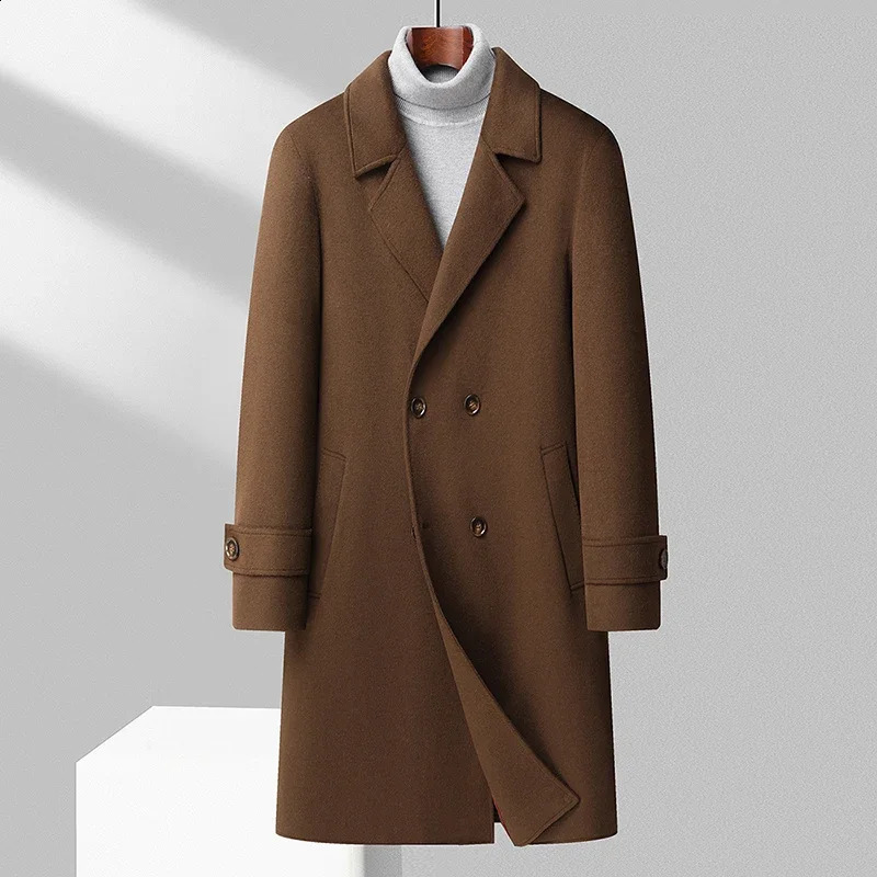 Mens classic winter double-layer wool coat mens business and leisure ultra-thin solid long wool windproof jacket thick and warm trench 240829