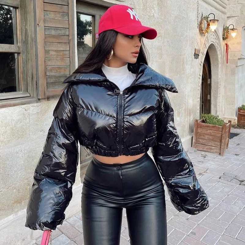 Women's Down Parkas Fashion Women Shinny PU Leather Short Puffer Jacket Thick Bubble Coats Outerwear Glossy Leather Parka Down Zipper Cropped Jac