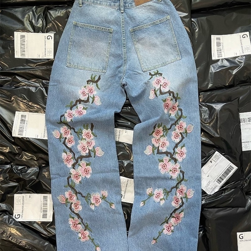 Y2K Mens Loose Harajuku Cherry Printed Pattern Jeans Hip Hop Street Mens Gothic Casual Wide Leg Jeans 240829