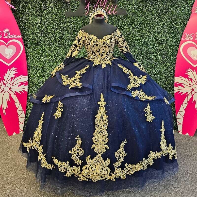 Blue Navy Quinceanera Dresses Ball Gown For Weet Girl Beading Gold Appliques Lace With Train Princess Dress Vestidos De