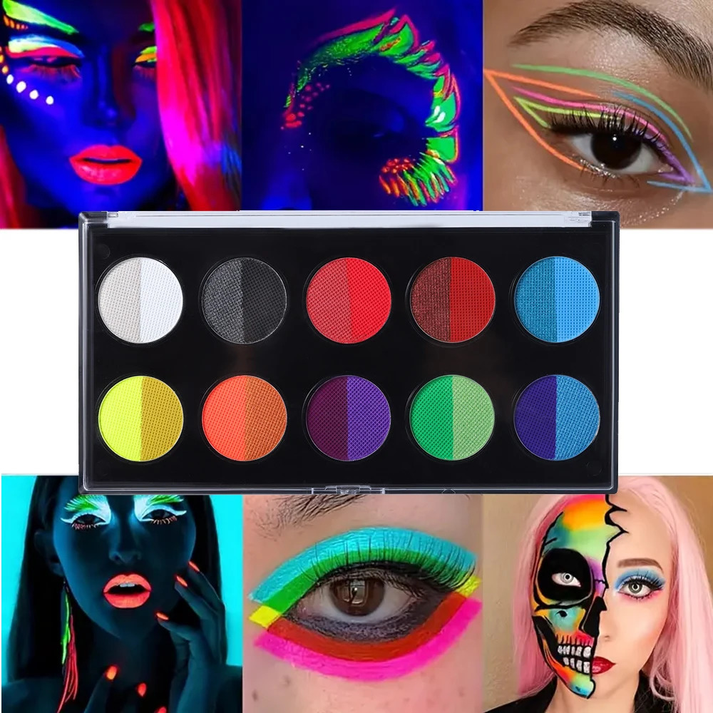Two tone fluorescent makeup with UV glow for Halloween Christmas themed parties role-playing and club stage performances 240829