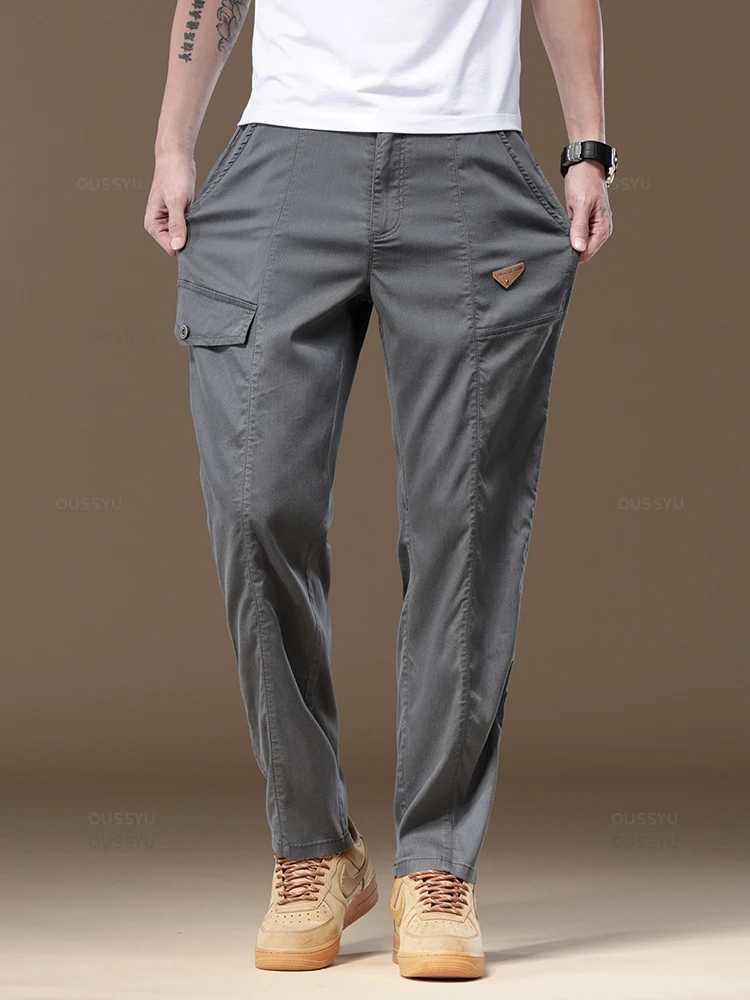 Summer soft Lyocell fabric mens cargo pants solid color workwear elastic waist casual pants Korean outdoor jogging Trouser mens W240829