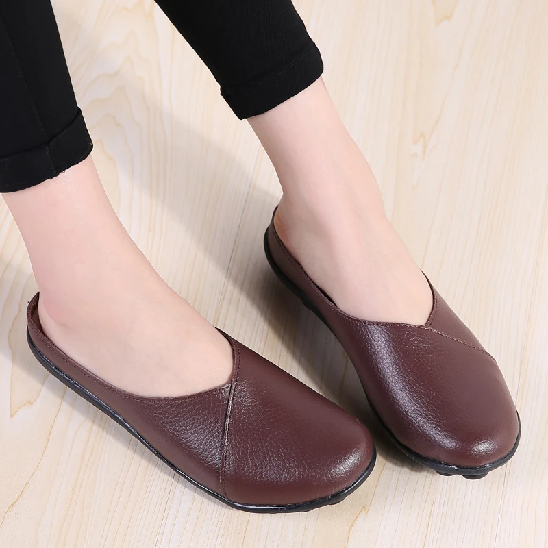 YAERNI Plus Size Flat Shoes Fashion Mules Womens Leather Split Slip On Flip Flops Women's Slippers Shoe SlidesE1302