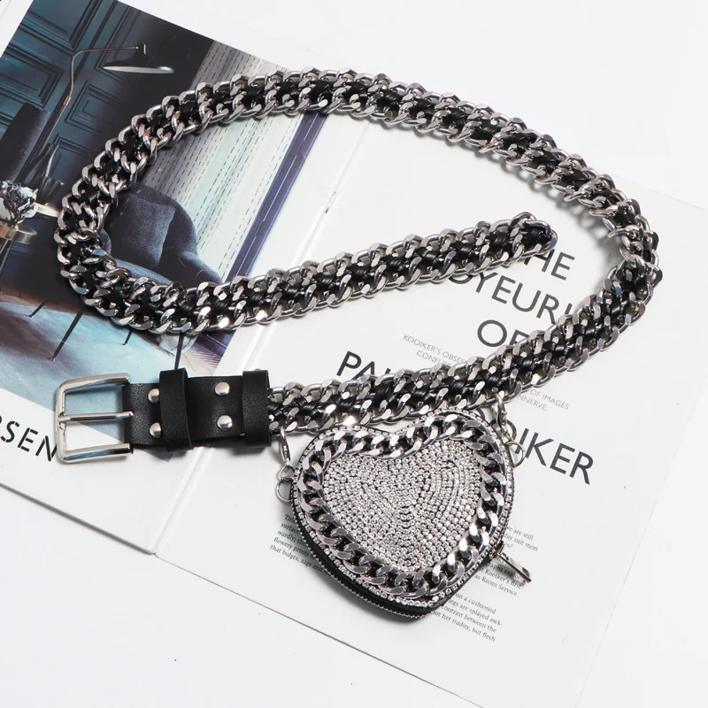 Punk Woven Belt Wide Chain Waist Bag Adjustable with Coin Women Cute Heart Circular Fanny Pack 240830Z