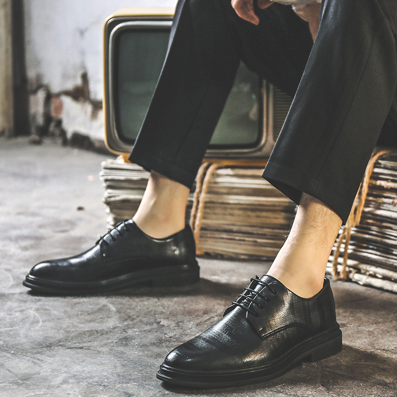 Men Shoe Leather Shoes Breathable Business Attire Pointed Casual Leather Shoes British Black with Suit Youth Trend Wedding Shoes