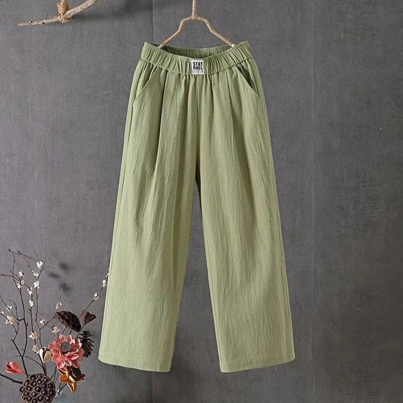 Xpqbb Summer Cotton and Linen Pants Women Casual Loose Elastic Waist Straight Trousers Female Vintage Solid Color Wide Leg Pants 240829