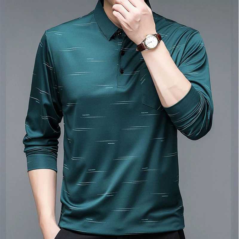 Mens Polo Long Sleeve T-shirt Printed Spring/Autumn T-shirt Loose Bottom Casual Business Clothing Fashion Button Top W240828