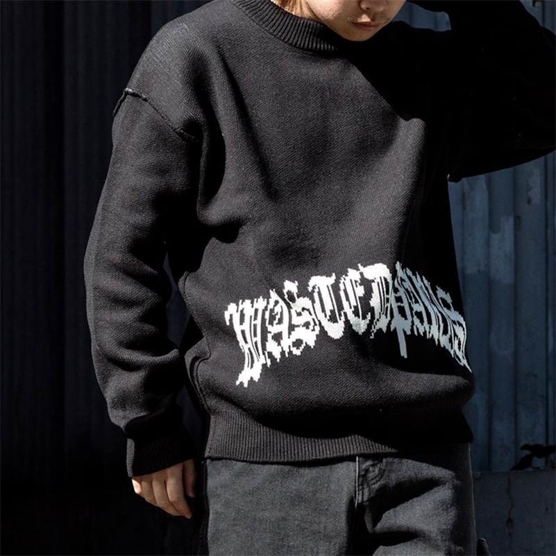 Aesthetics Hip Hop Gothic Y2K Letter Embroidered Knitted Sweater Harajuku Mens and Womens Loose Top Perforated Sportswear 240829