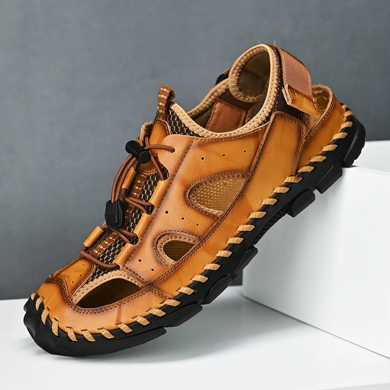 Men Summer Sandals 2024 New Casual Leather Beach Sandals Men's Shoes Mesh Breathable Comfortable Soft Roman Men Sandals