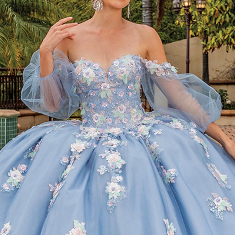 Sky Blue Shiny Quinceanera Dressees Off The Shoulder Applique Lace Tull Puff Sleeve Sweet 16 Years Old vestido 15 De