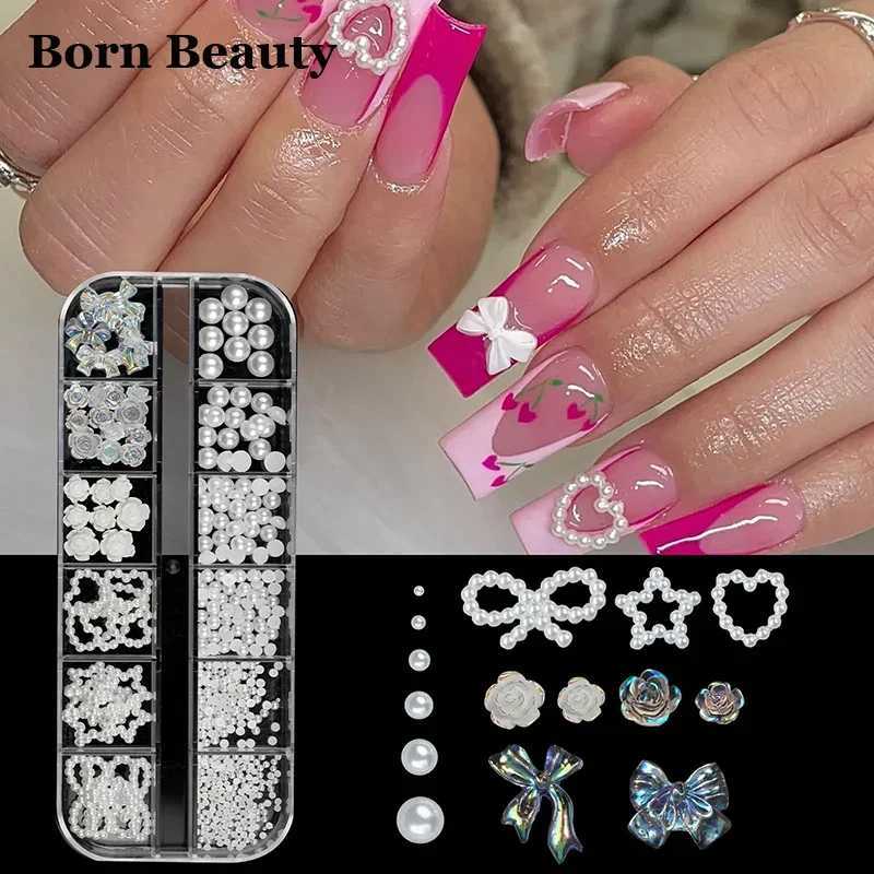 12 Grid Resin 3D Nail Art Charm Camellia Rose Heart Star Pearl Accessories DIY Bow Decoration Box W240829