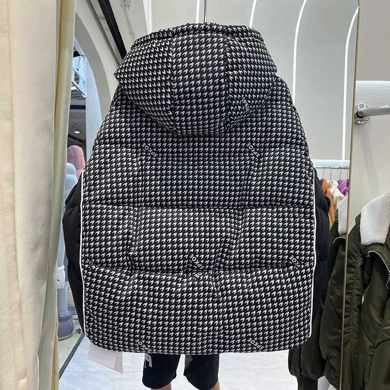 Women's Down Parkas Houndstooth Short Puffer Down Jacket Womens Winter 90% Duck Down Coat Hooded Female Feather Parka Y240824YGGD
