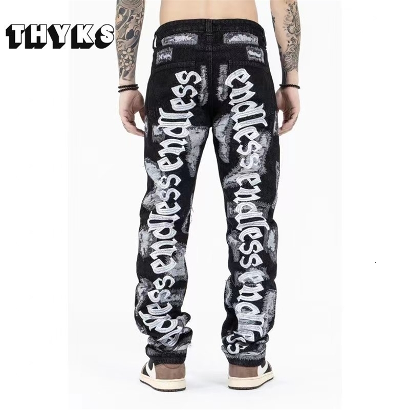 Letter Embroidery Jeans for Men High Street Gothic Street Clothing Mens Straight Waist Bag Denim Trouser Neutral Spring 240829