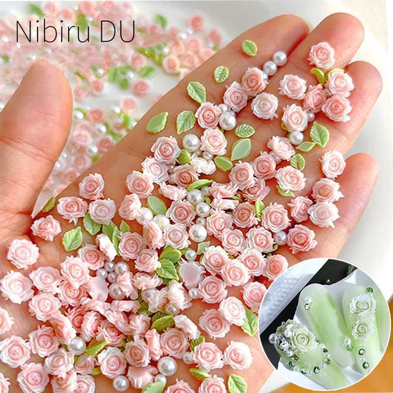 30 pieces/bag Rose Design Nail Charm 3D Mixed Pearl Bead Water Diamond Round Flower Nail Decoration Romantic Valentines Day Supplies W240829