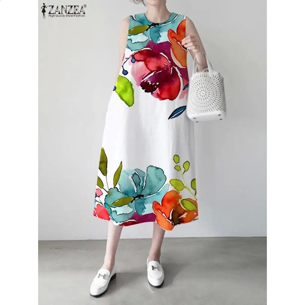 Saiqigui Summer Dress Plus Size Short Sleeve White Women Casual Cotton Linen Lotus Printing O-Neck Vestidos de Festa 210623