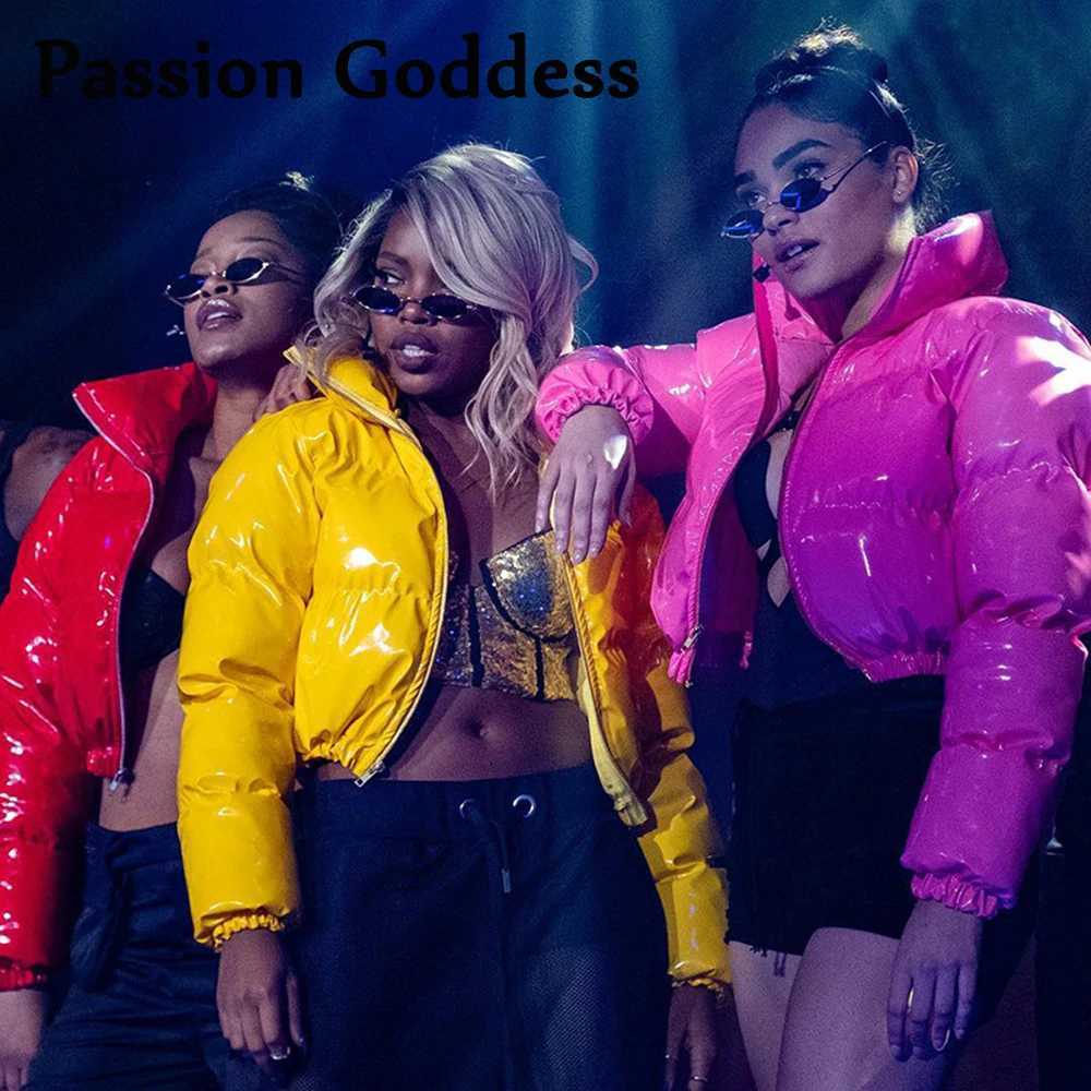 Women's Down Parkas Winter Party Women Bright PU Red Puffer Jackets Warm Puffly Bubble Coats Shiny Black Leather Cropped Jackets Zipper Parkas Do