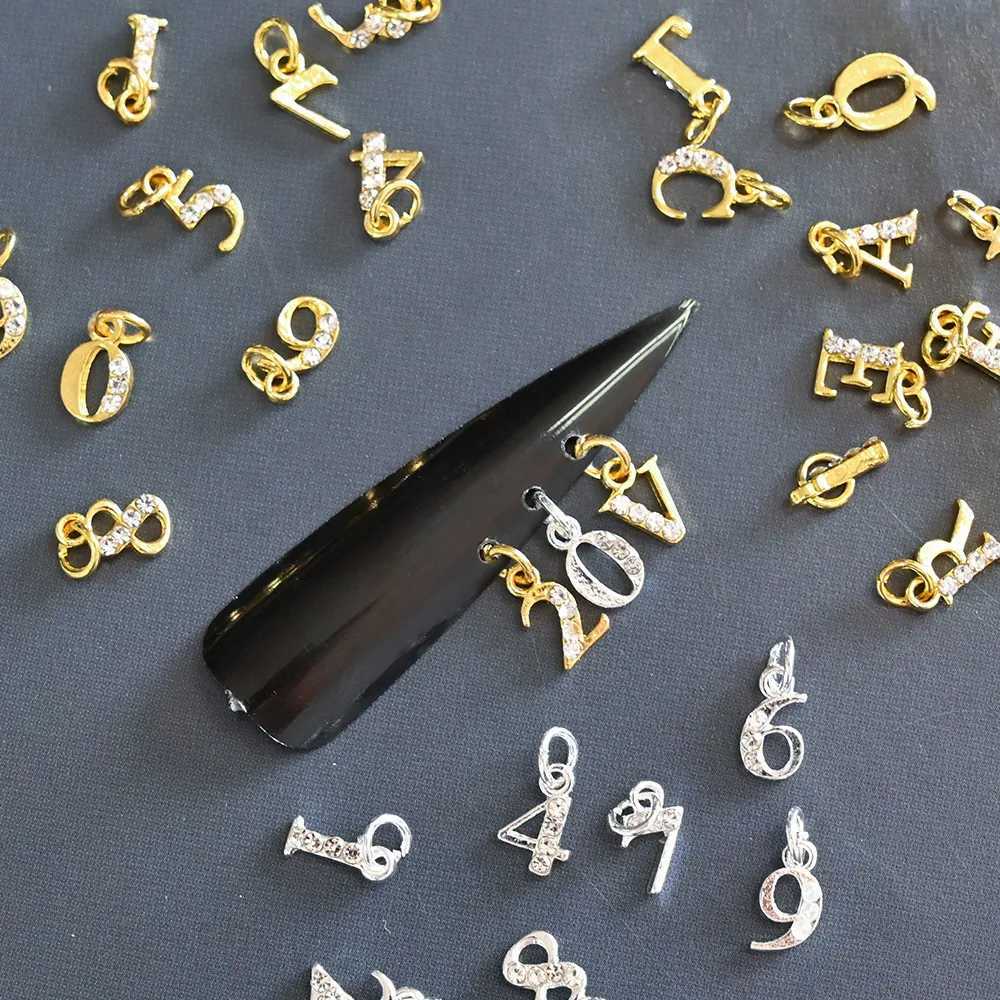10/26 perforated ring letter 3D nail art charm (0-9)/A-Z pendant letter nail decoration gold/silver digital handmade pendant W240829