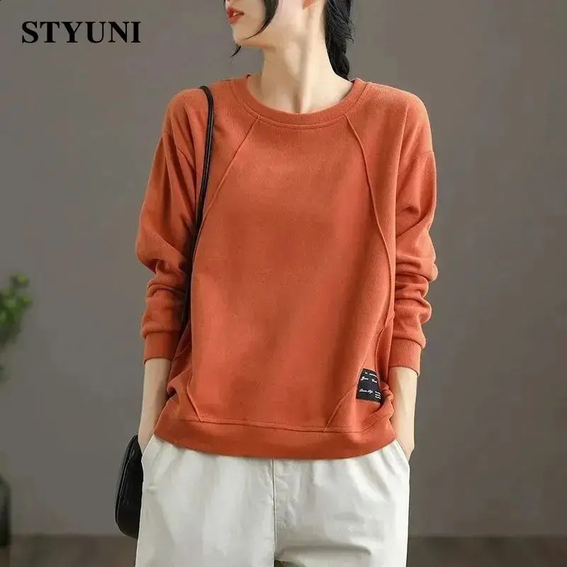 Orange solid casual long sleeved Oneck zipper womens hoodie Korean fashion autumn winter 240827