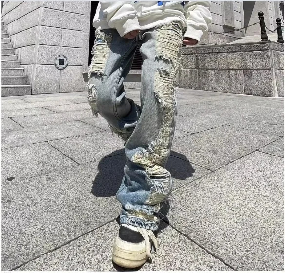 Harajuku Ripped Frayed Hole Blue Washed Jeans Pants for Men and Women Pockets Streetwear Casual Baggy Denim Trousers 240826Z