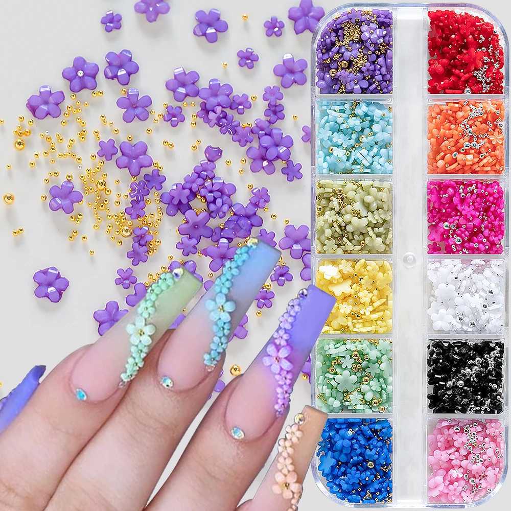12 grid acrylic flower nail charm 12 color set 3D flower nail art Rhinestone mixed flower spring gemstone DIY nail supplies W240829