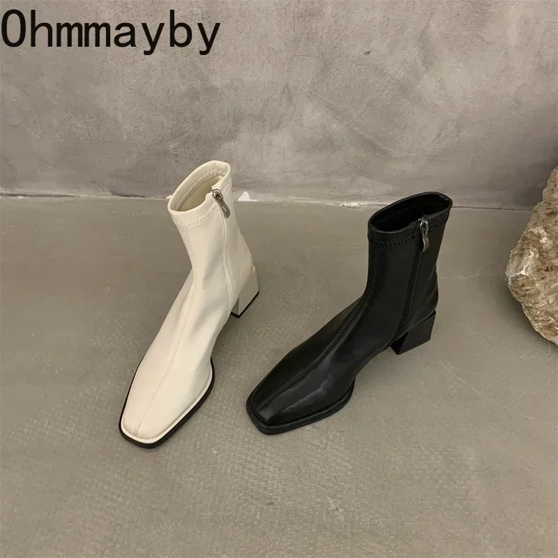 Women Ankle Boots Woman Square Heel Fashion Zipper Autumn Winter Women's Shoes Leather Girl's Short Booties