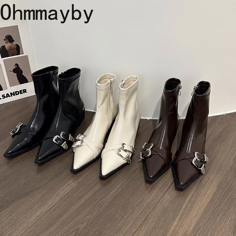Ankle Winter Boots Fashion Pointed Toe Short Botas Ladies Elegant Square Low Heel Metal Decoration Women's Footwear 41cc