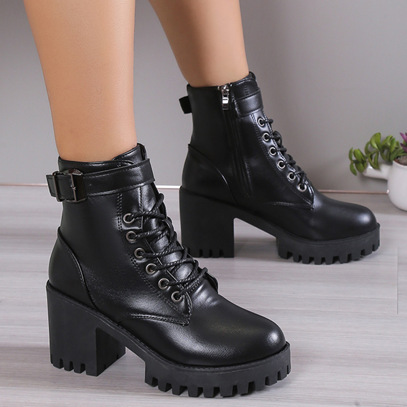 High Women's Heels Ankle for 2023 Black PU Leather Platform Short Boots Woman Side Zipper Thick Heeled Punk Botas De Mujer abca Platm