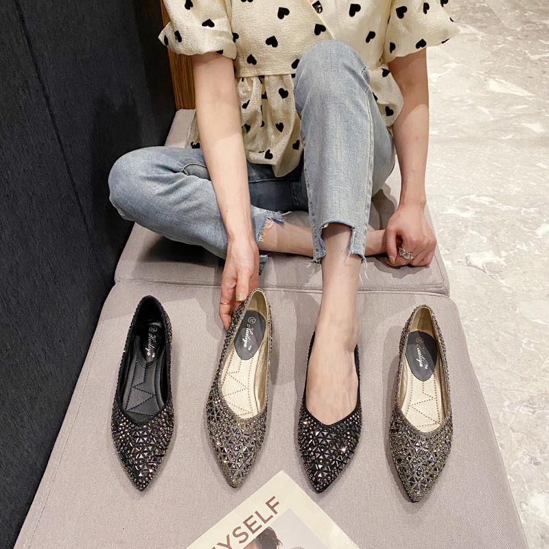 Ladies 9c2d6 Heels 3/5cm Med-High Glitter Rivet Pumps Black&Gold Dia Loafers Women Pointed Toe Wedding Dress Shoes Female