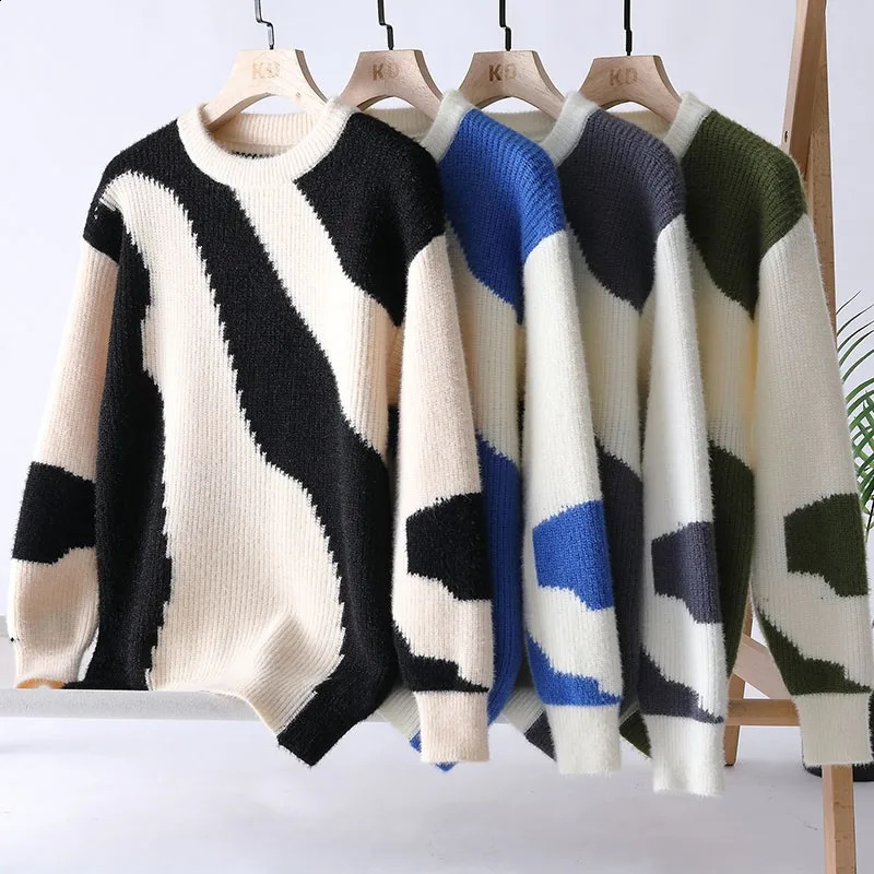 Mens Knitted Sweater Hardcore Winter Warm Hoodie Round Neck Loose Letter Solid Color Sweater Thick Casual Top 240829