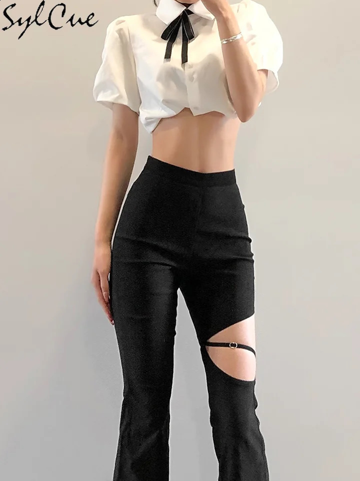 Sylcue Summer High Street Style Small High-Waisted Flared Trousers Thighs Personality Eith Hollow And Sexy Show Legs Long Pants 240829