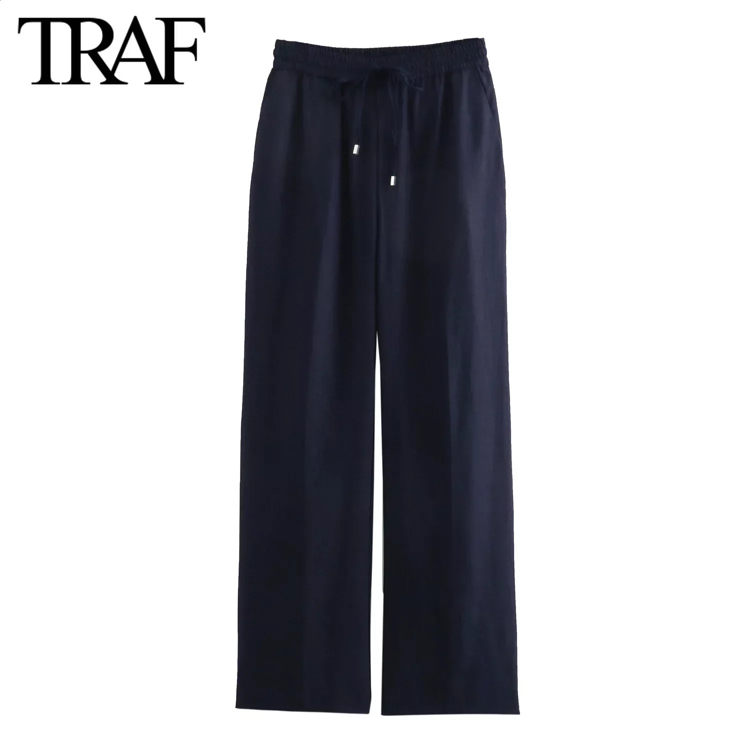 TRAF Women Fashion Spring Summer Lace-up Linen Blended Straight Pants Pocket Office Lady Chic High Waist Trousers Mujer 240829