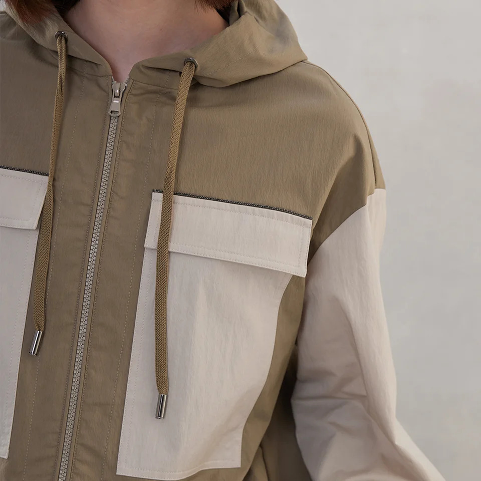 K1715L boutique contrasting color pocket long sleeved zipper top womens clothing hooded sweatshirt sports shirt 240827