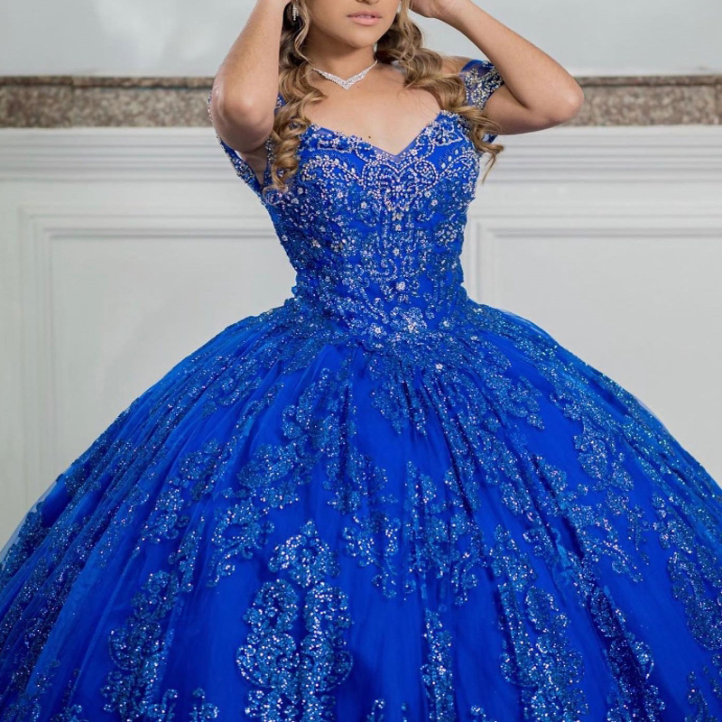 Royal Blue Shiny Quinceanera Dress Off The Shoulder Princess Sequin Applique Beads Crystal Tull Sweet 16 Birthday Party Gown Vestido De 15 Anos