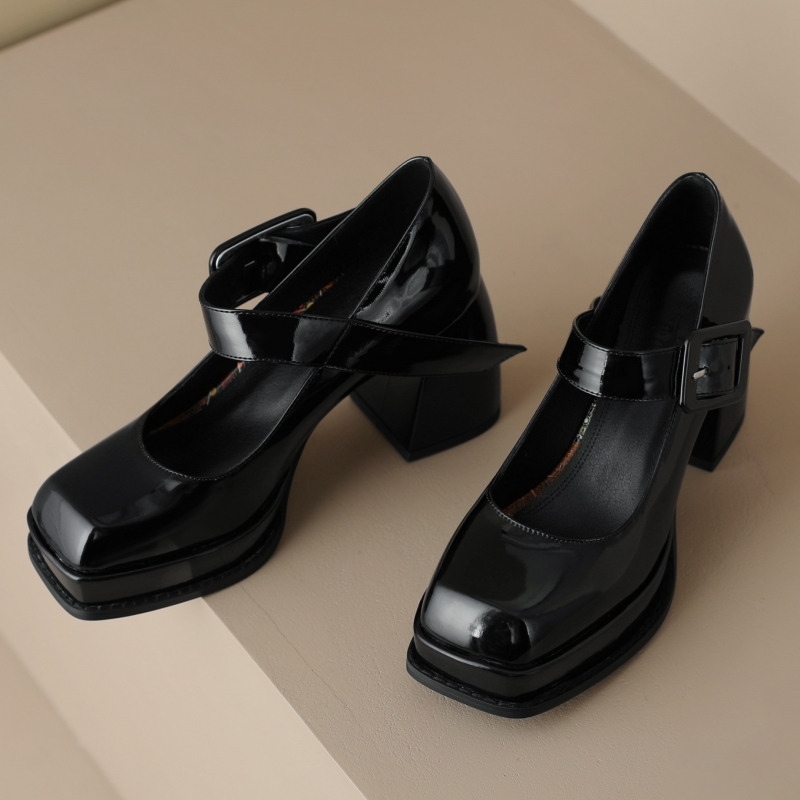 White Black Women's High Heels New Mary Janes Platform Genuine Leather Female Working Party Dance Wedding Shoes Dress Pumps ca1e