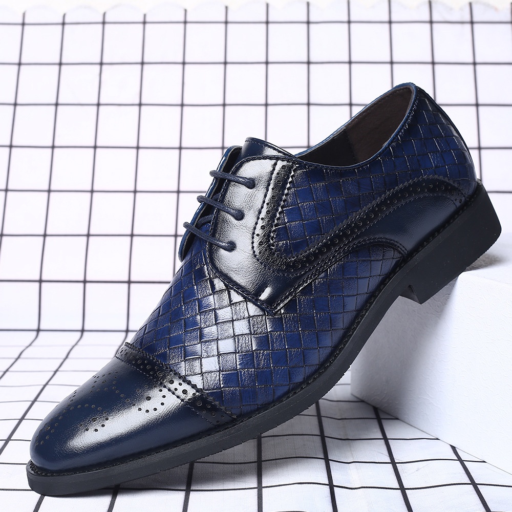 Men's Splicing Brogue Woven Grain Leather Dress Men Lace-Up Wedding Party Shoes Mens Business Office Oxfords Flats