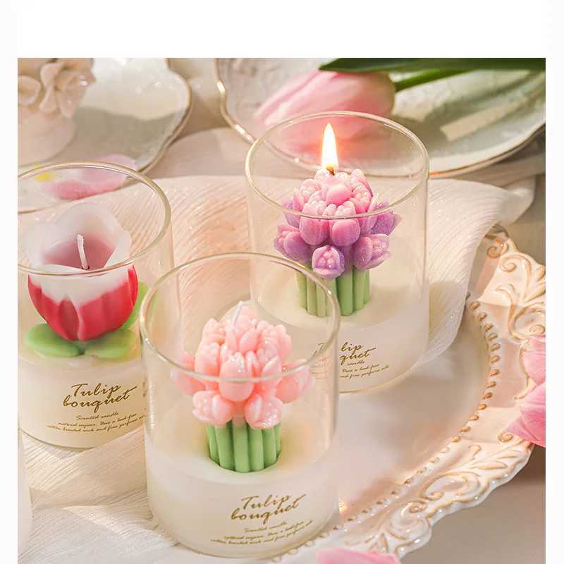 1 Piece Of Tulip Flower Scented Candle Exquisite And Beautiful Atmosphere Scented Candle Cup Suitable For Living RoomXJ240830